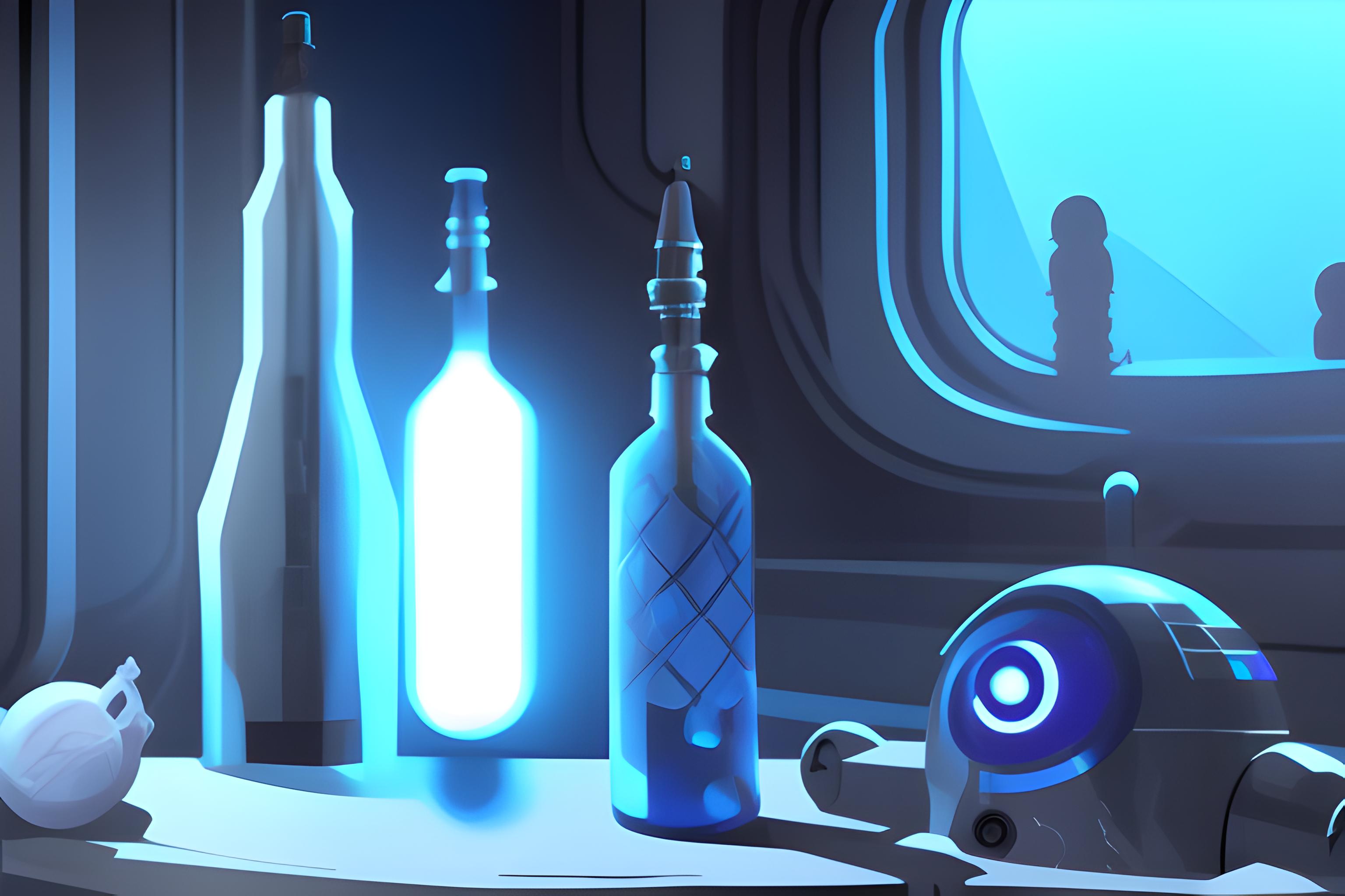 starwars glowing blue Spotchka bottle, dark cantina in background